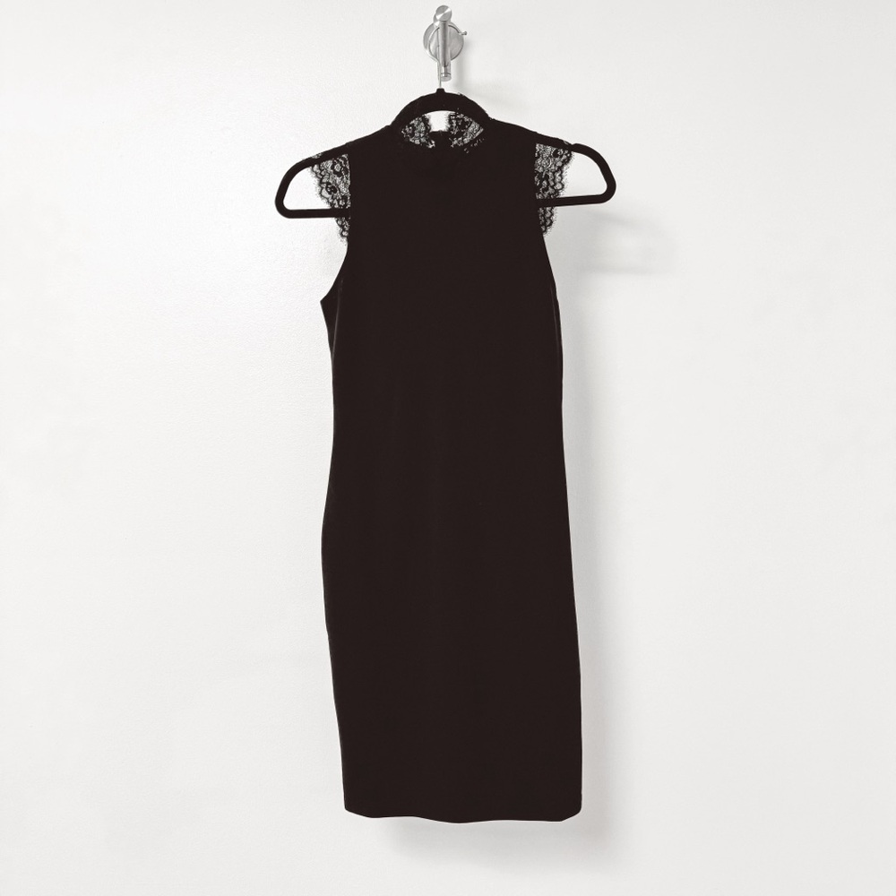Shein Fall Chic Lace Mock Neck and Cap Sleeves Detail Halloween Midi Dress Black